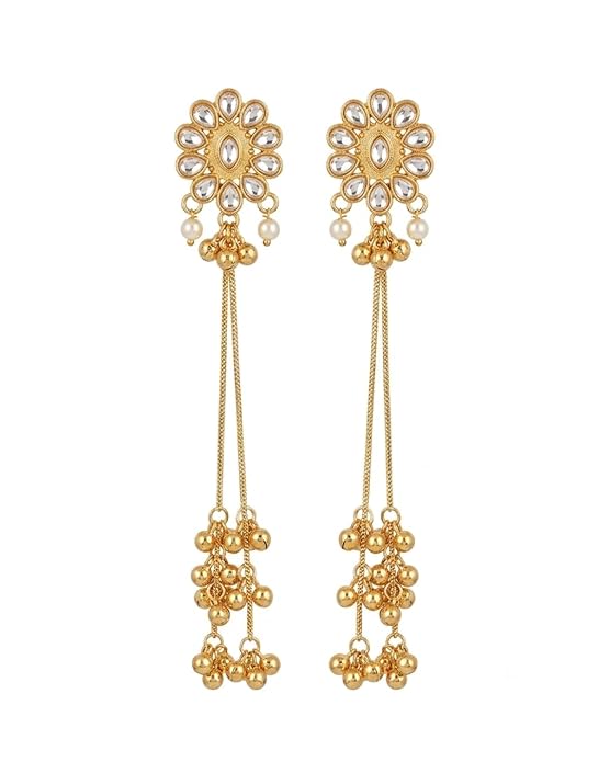 Kashmiri Earrings Gold Plated Long Tassel Drop Earrings for Women | Kundan Pearl Dangle Earrings | Traditional Ethnic Earrings for Girls & Women | Kashmiri Wedding & Festive Jewelry