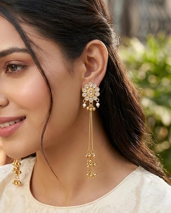 Kashmiri Earrings Gold Plated Long Tassel Drop Earrings for Women | Kundan Pearl Dangle Earrings | Traditional Ethnic Earrings for Girls & Women | Kashmiri Wedding & Festive Jewelry
