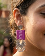 Kashmiri Oxidised Silver Plated Fabric Chandbali Earrings for Women & Girls | Pink Handcrafted Ethnic Dangler Earrings with Ghungroo Beads | Boho Tribal Jewelry