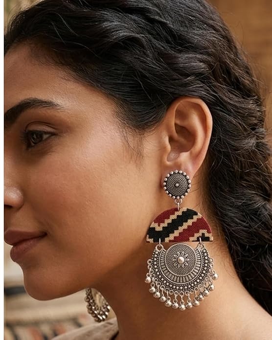 Kashmiri Oxidised Silver Plated Tribal Fabric Chandbali Earrings for Women & Girls | Handcrafted Boho Dangler Earrings with Ghungroo Beads | Ethnic Statement Jewelry