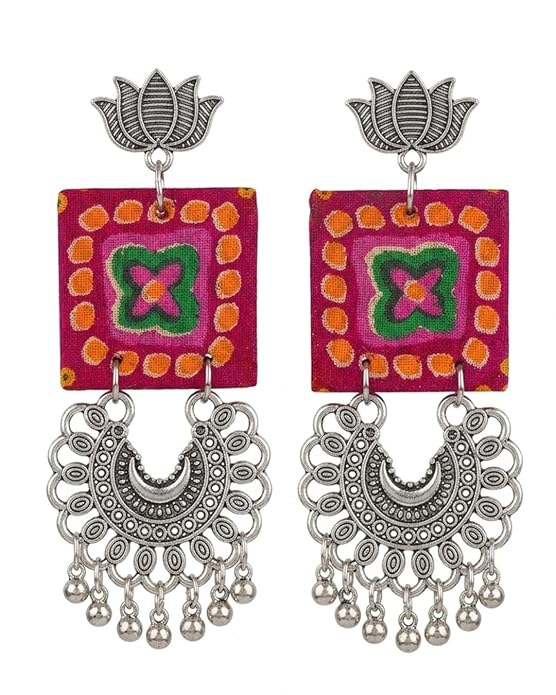 Kashmiri Oxidised Silver Plated Multicolor Fabric Chandbali Earrings for Women & Girls | Handcrafted Ethnic Dangler Earrings with Ghungroo Beads & Lotus Design
