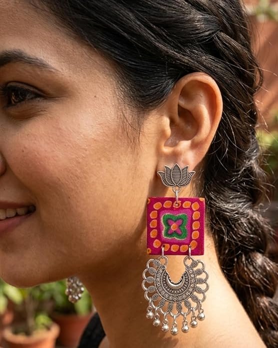 Kashmiri Oxidised Silver Plated Multicolor Fabric Chandbali Earrings for Women & Girls | Handcrafted Ethnic Dangler Earrings with Ghungroo Beads & Lotus Design