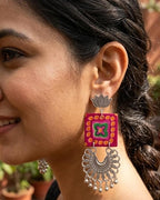 Kashmiri Oxidised Silver Plated Multicolor Fabric Chandbali Earrings for Women & Girls | Handcrafted Ethnic Dangler Earrings with Ghungroo Beads & Lotus Design
