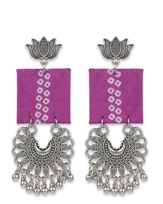 Kashmiri Oxidised Silver Plated Fabric Chandbali Earrings for Women & Girls | Pink Handcrafted Ethnic Dangler Earrings with Ghungroo Beads | Boho Tribal Jewelry