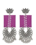 Kashmiri Oxidised Silver Plated Fabric Chandbali Earrings for Women & Girls | Pink Handcrafted Ethnic Dangler Earrings with Ghungroo Beads | Boho Tribal Jewelry