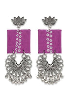 Kashmiri Oxidised Silver Plated Fabric Chandbali Earrings for Women & Girls | Pink Handcrafted Ethnic Dangler Earrings with Ghungroo Beads | Boho Tribal Jewelry