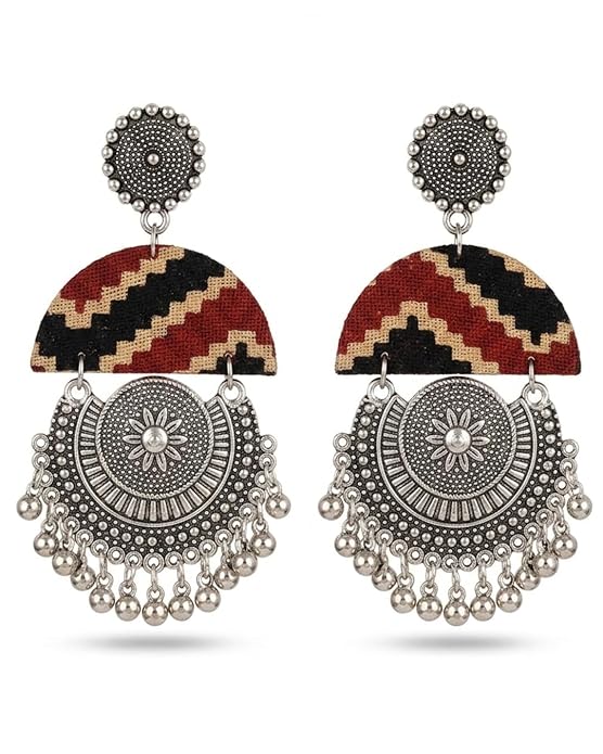 Kashmiri Oxidised Silver Plated Tribal Fabric Chandbali Earrings for Women & Girls | Handcrafted Boho Dangler Earrings with Ghungroo Beads | Ethnic Statement Jewelry