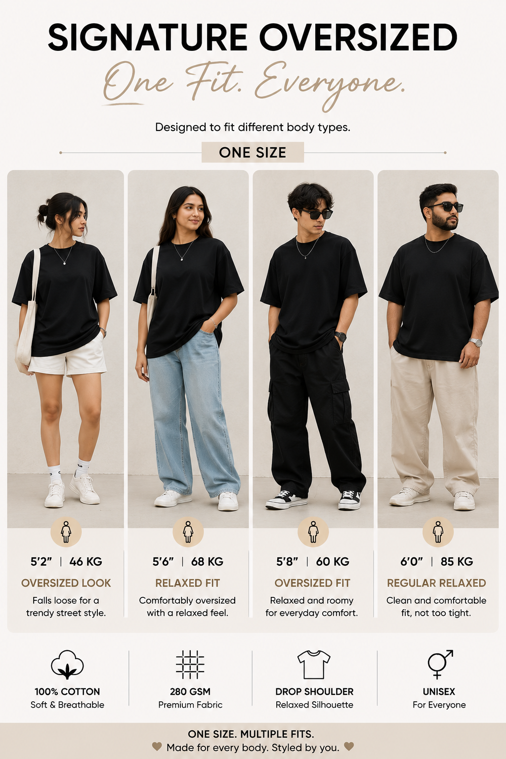 Black 100% Cotton Oversized T-Shirt Unisex Drop Shoulder 280 GSM | Premium Heavyweight Cotton | Relaxed Fit | Unisex Streetwear