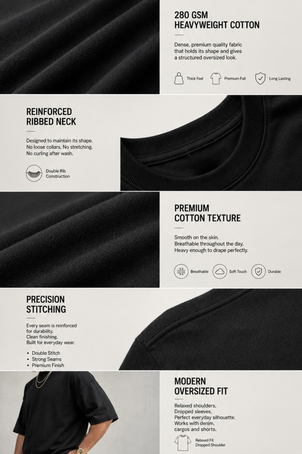 Black 100% Cotton Oversized T-Shirt Unisex Drop Shoulder 280 GSM | Premium Heavyweight Cotton | Relaxed Fit | Unisex Streetwear