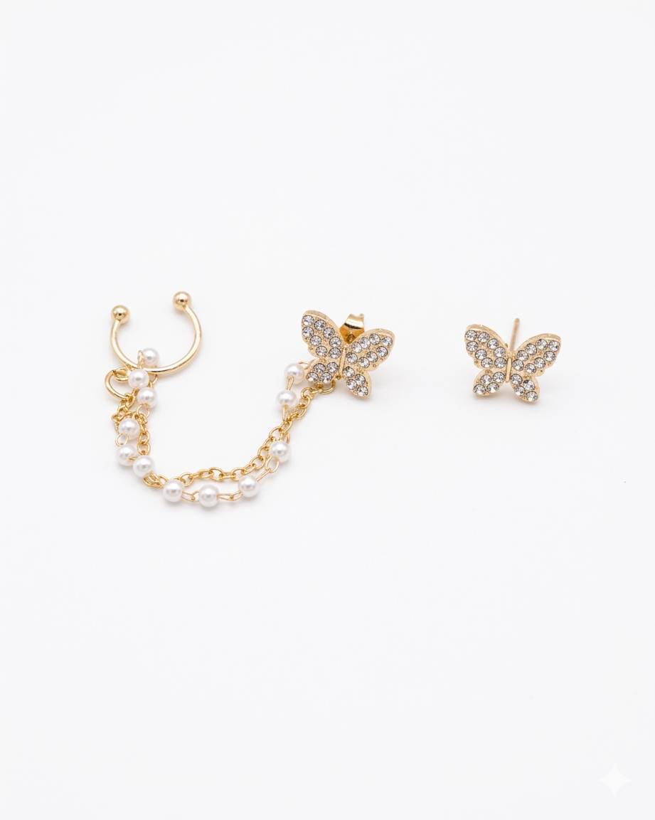 Korean Style Butterfly Chain Earrings for Women | Elegant Pearl Tassel Ear Cuff