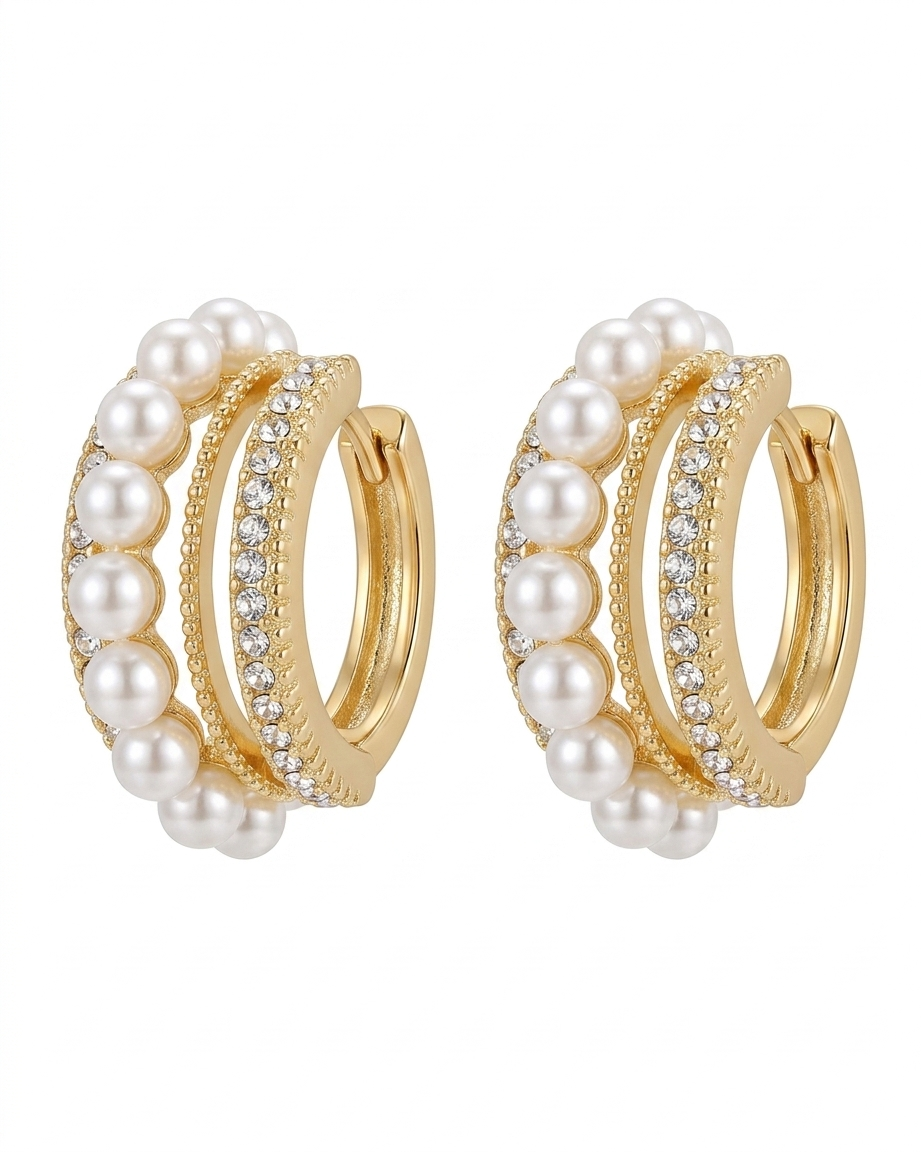 Korean Style Pearl Hoop Earrings with Gold Plated Layered CZ Huggie Earrings