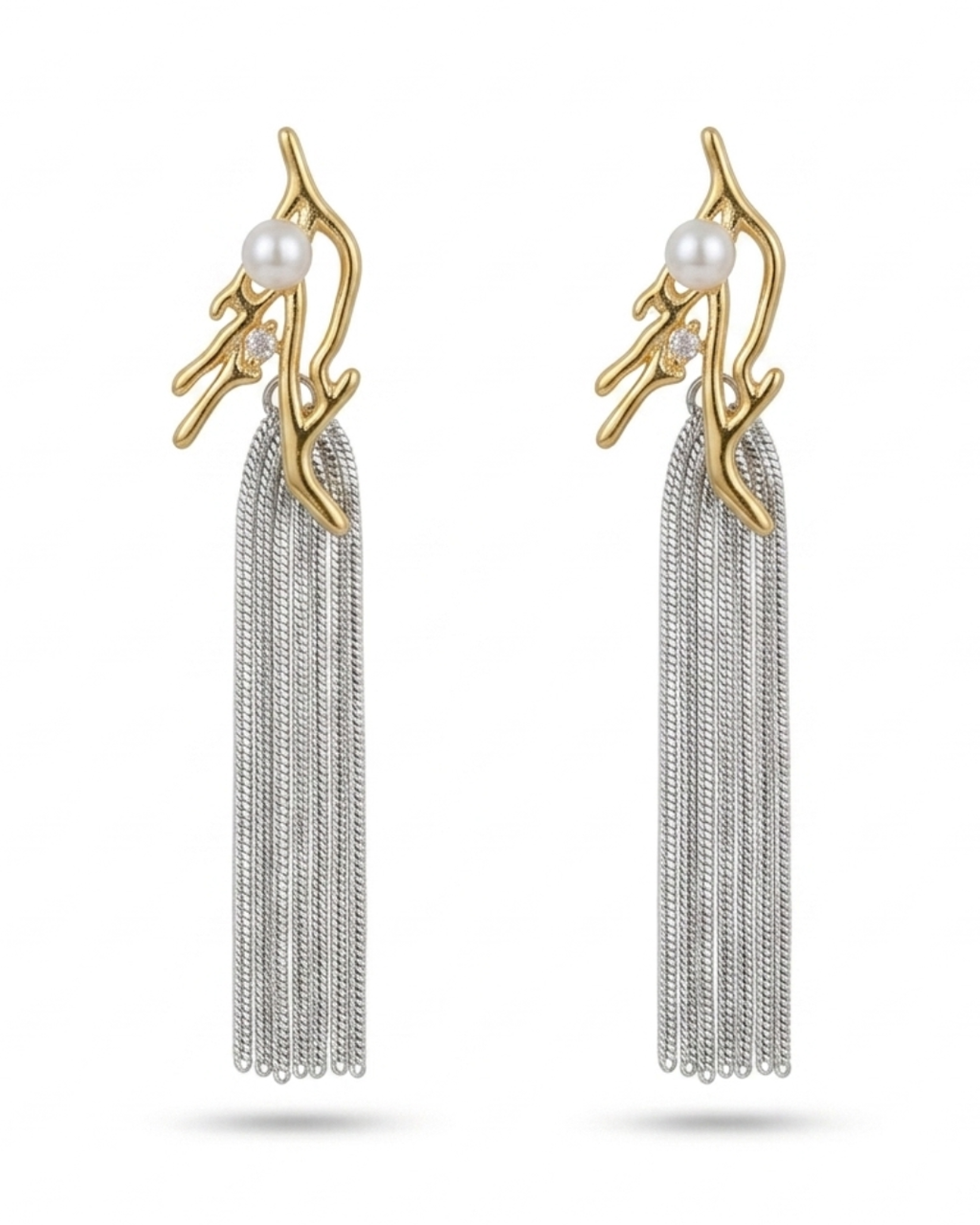 Gold Pearl Tassel Drop Earrings for Women | Long Chain Fringe Dangle Earrings with Crystal Accent | Elegant Earrings for Girls & Women