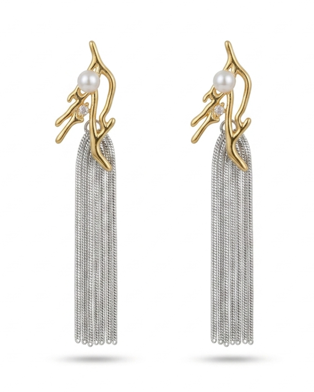 Gold Pearl Tassel Drop Earrings for Women | Long Chain Fringe Dangle Earrings with Crystal Accent | Elegant Earrings for Girls & Women