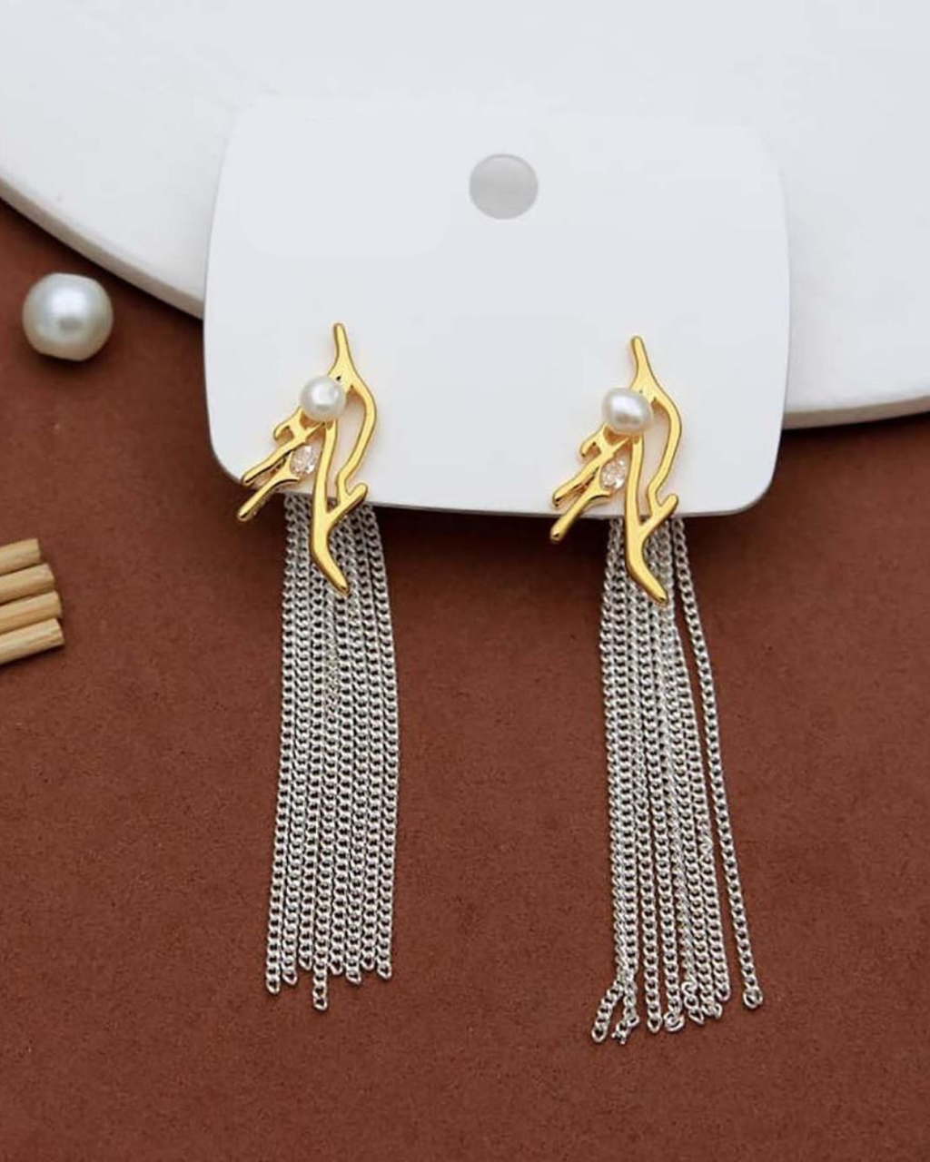 Gold Pearl Tassel Drop Earrings for Women | Long Chain Fringe Dangle Earrings with Crystal Accent | Elegant Earrings for Girls & Women