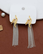 Gold Pearl Tassel Drop Earrings for Women | Long Chain Fringe Dangle Earrings with Crystal Accent | Elegant Earrings for Girls & Women