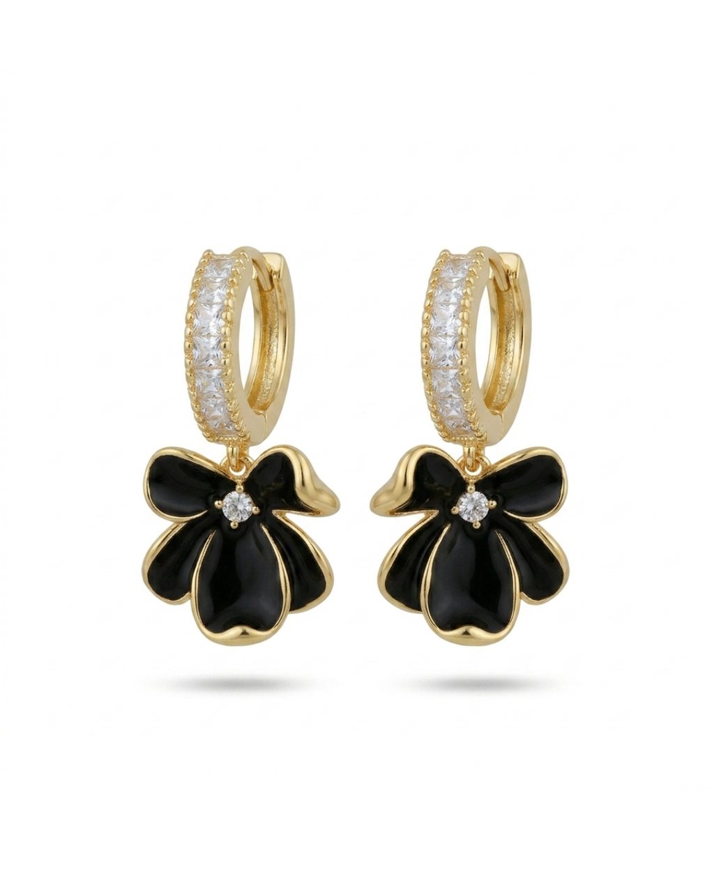 Gold Black Flower Hoop Earrings for Women | Crystal Studded Huggie Hoops with Floral Drop | Trendy Earrings for Women & Girls