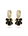 Gold Black Flower Hoop Earrings for Women | Crystal Studded Huggie Hoops with Floral Drop | Trendy Earrings for Women & Girls