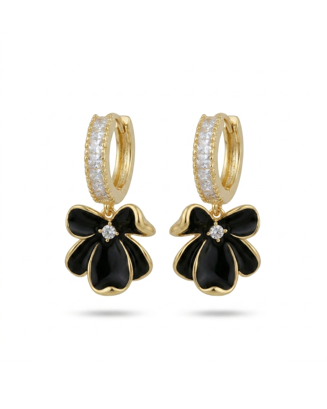 Gold Black Flower Hoop Earrings for Women | Crystal Studded Huggie Hoops with Floral Drop | Trendy Earrings for Women & Girls