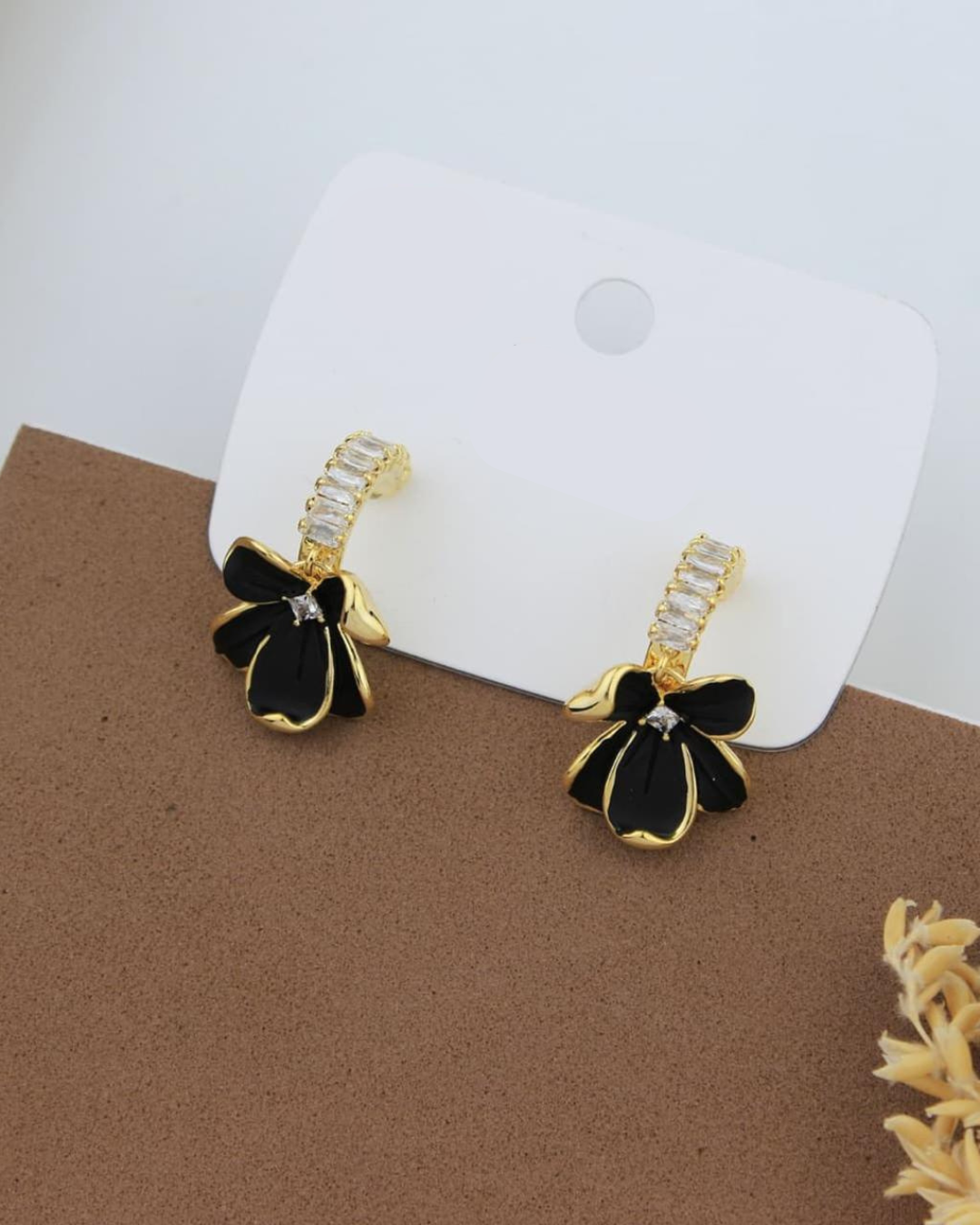 Gold Black Flower Hoop Earrings for Women | Crystal Studded Huggie Hoops with Floral Drop | Trendy Earrings for Women & Girls