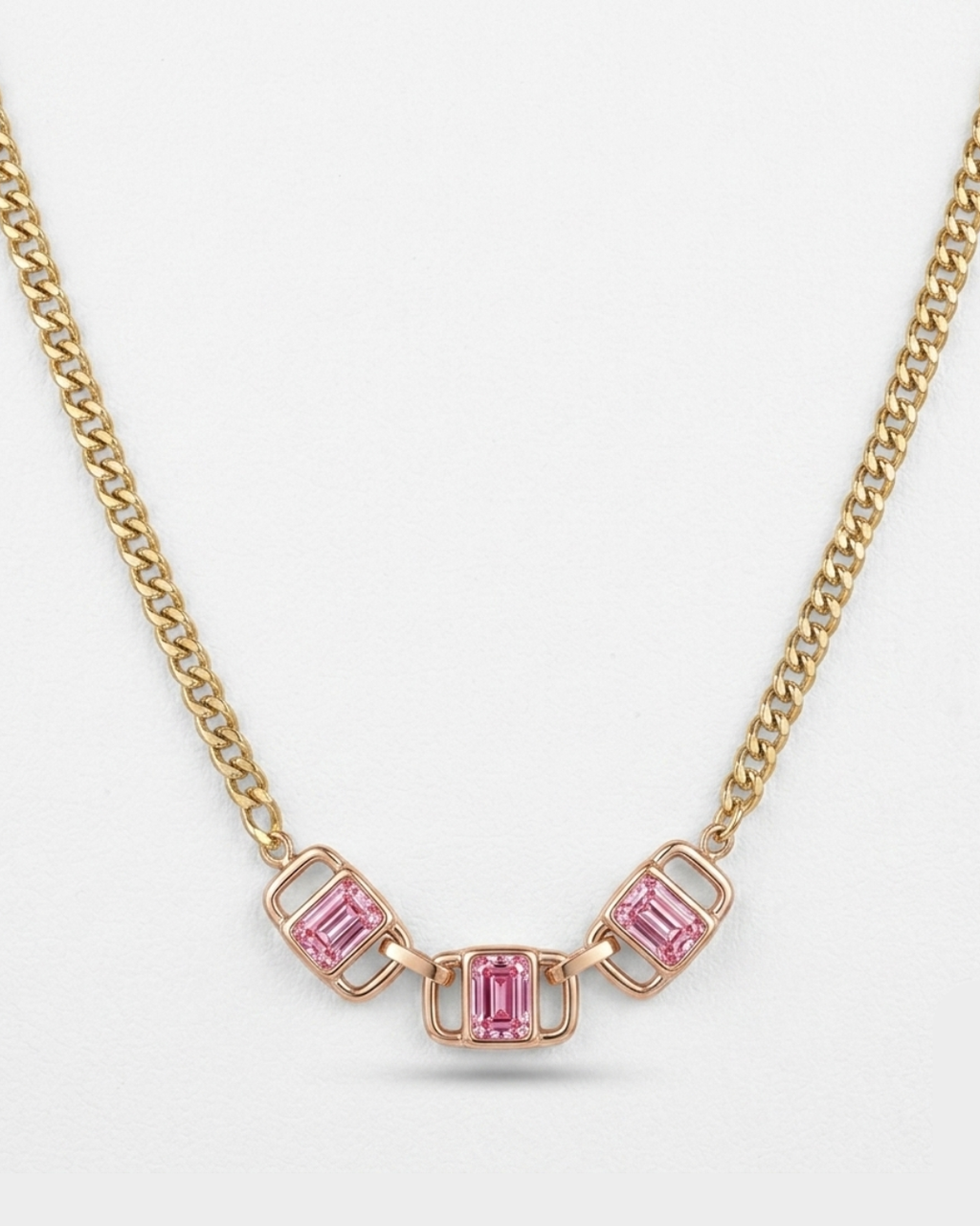 Pink Emerald Cut Crystal Pendant Necklace, Gold Chain, Geometric Minimal Style for Women