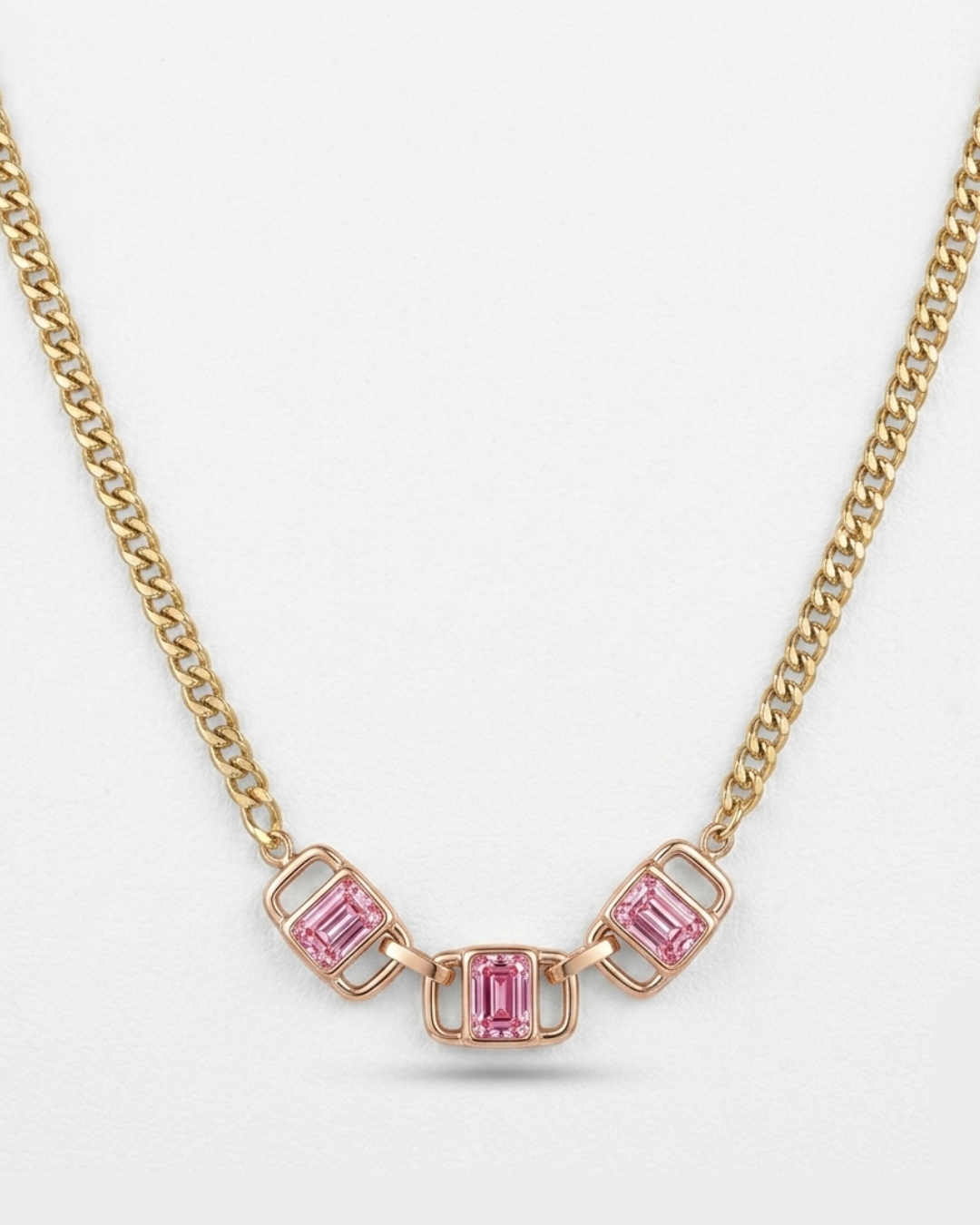 Pink Emerald Cut Crystal Pendant Necklace, Gold Chain, Geometric Minimal Style for Women