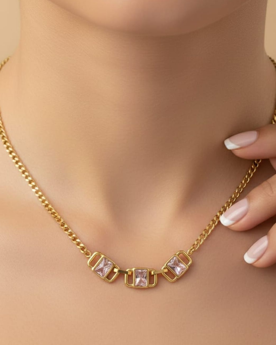 Pink Emerald Cut Crystal Pendant Necklace, Gold Chain, Geometric Minimal Style for Women