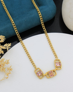Pink Emerald Cut Crystal Pendant Necklace, Gold Chain, Geometric Minimal Style for Women