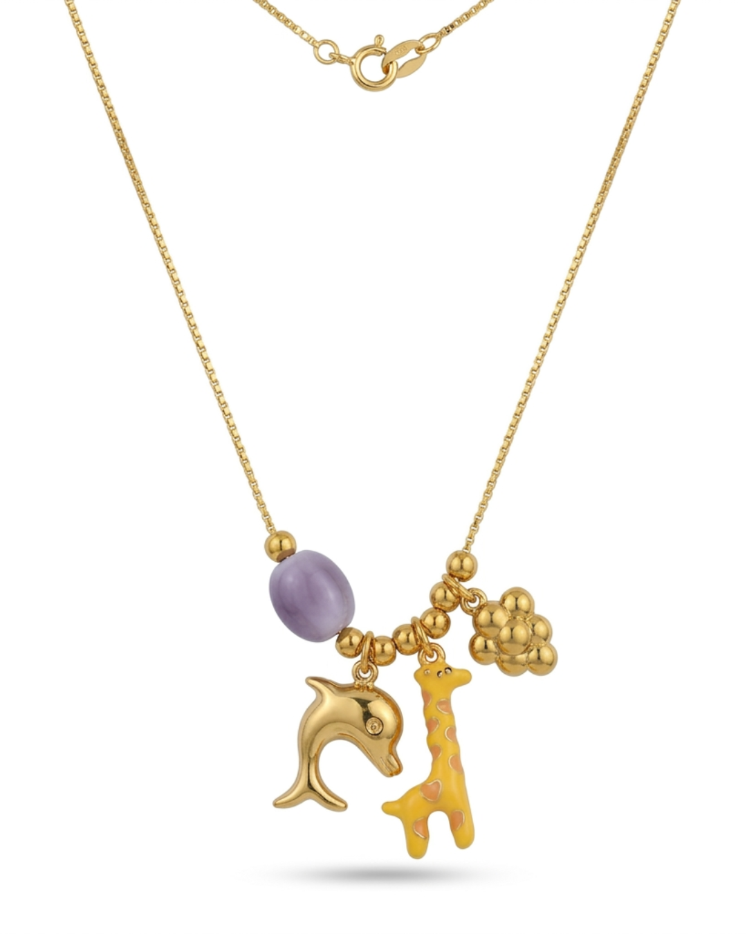 Gold Plated Charm Necklace for Women & Girls – Dolphin & Giraffe Pendant with Beads | Cute Animal Charm Chain | Lightweight Fashion Jewelry Gift