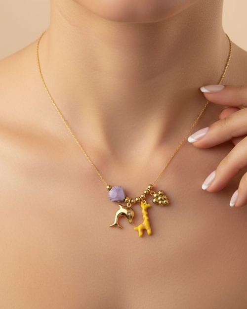 Gold Plated Charm Necklace for Women & Girls – Dolphin & Giraffe Pendant with Beads | Cute Animal Charm Chain | Lightweight Fashion Jewelry Gift