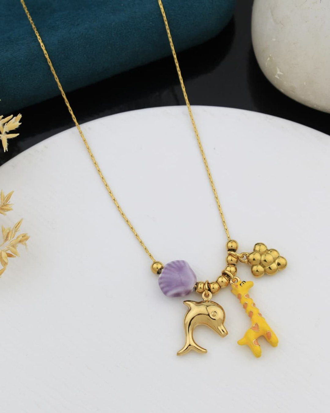 Gold Plated Charm Necklace for Women & Girls – Dolphin & Giraffe Pendant with Beads | Cute Animal Charm Chain | Lightweight Fashion Jewelry Gift