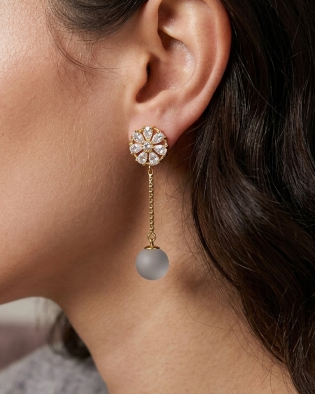 2-in-1 Gold Floral Stud Drop Earrings for Women | Convertible Stud & Chain Drop Earrings with Crystal & Pearl | Earrings for traditional & western
