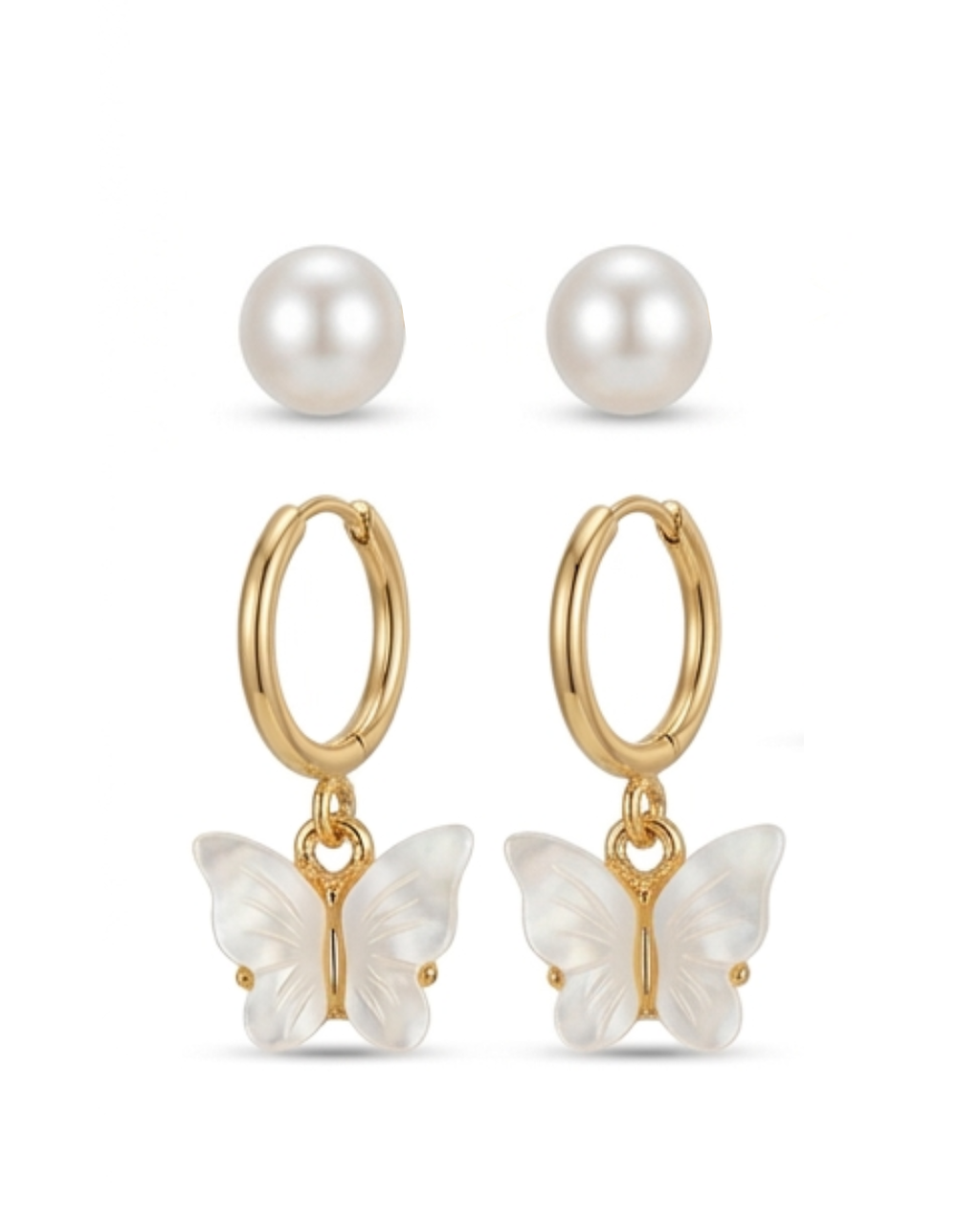 Set of 2 Korean Style Butterfly & Pearl Earrings Set for Women | Golden Minimal Mismatch Earrings