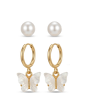 Set of 2 Korean Style Butterfly & Pearl Earrings Set for Women | Golden Minimal Mismatch Earrings
