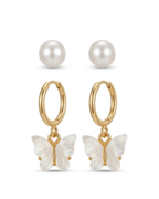 Set of 2 Korean Style Butterfly & Pearl Earrings Set for Women | Golden Minimal Mismatch Earrings
