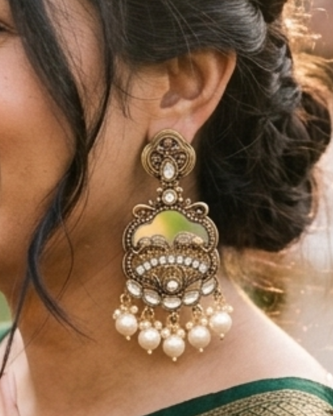 Kashmiri Antique Gold Plated Pearl Chandbali Earrings for Women | Ethnic Kundan Style Dangler Earrings with Pearl Drops | Traditional Party & Wedding Jewelry