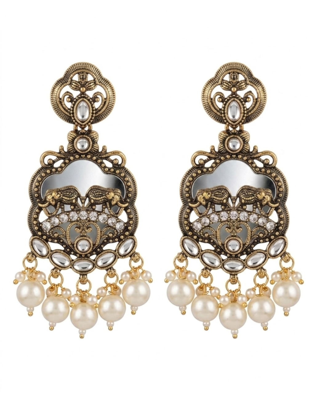 Kashmiri Antique Gold Plated Pearl Chandbali Earrings for Women | Ethnic Kundan Style Dangler Earrings with Pearl Drops | Traditional Party & Wedding Jewelry
