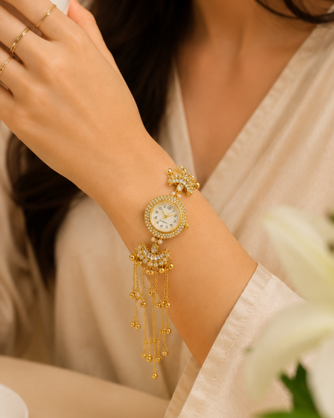 Kashimiri Ghunroo Watch for Women, Gold Bracelet Watch, Crystal Quartz Analog Wrist Watch with Pearl & Traditional Ghunroo Charms, Party & Wedding Gift