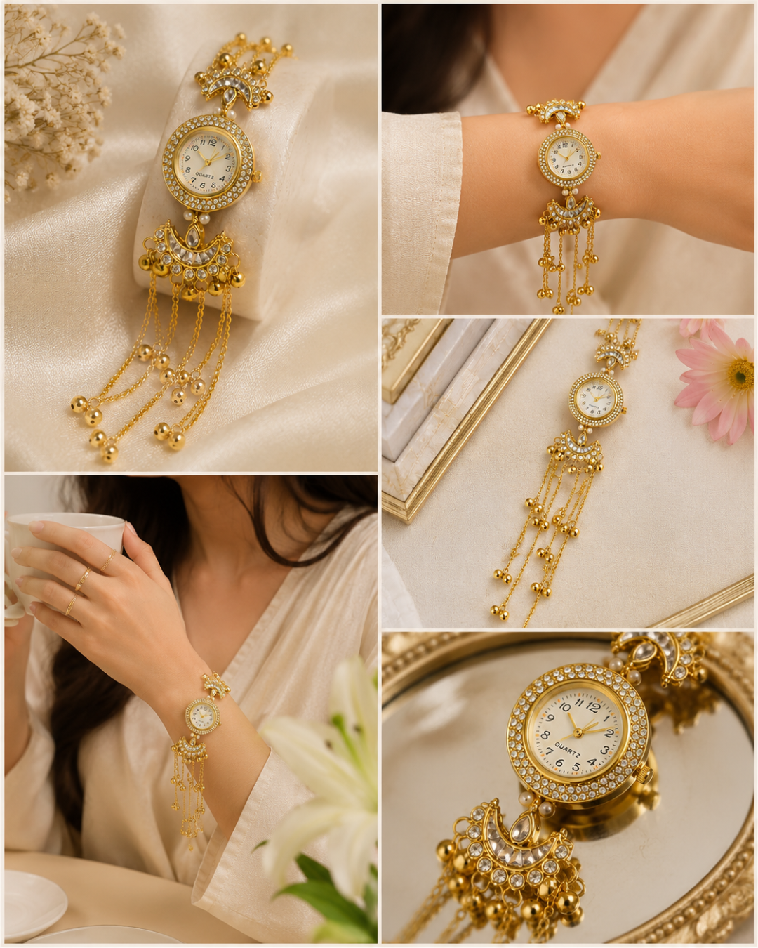 Kashimiri Ghunroo Watch for Women, Gold Bracelet Watch, Crystal Quartz Analog Wrist Watch with Pearl & Traditional Ghunroo Charms, Party & Wedding Gift