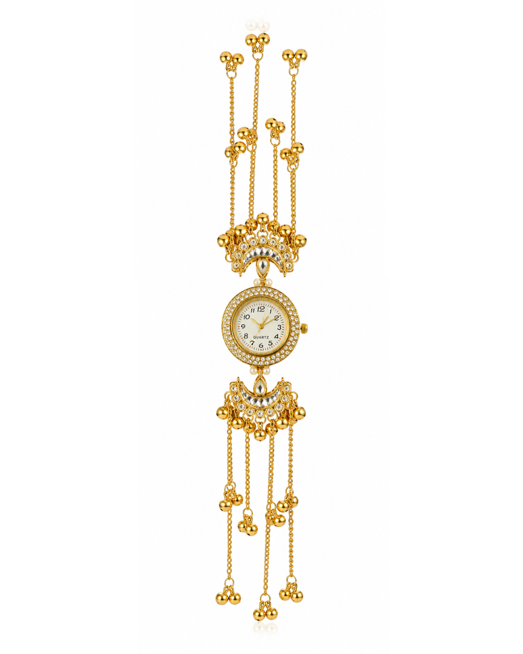 Kashimiri Ghunroo Watch for Women, Gold Bracelet Watch, Crystal Quartz Analog Wrist Watch with Pearl & Traditional Ghunroo Charms, Party & Wedding Gift