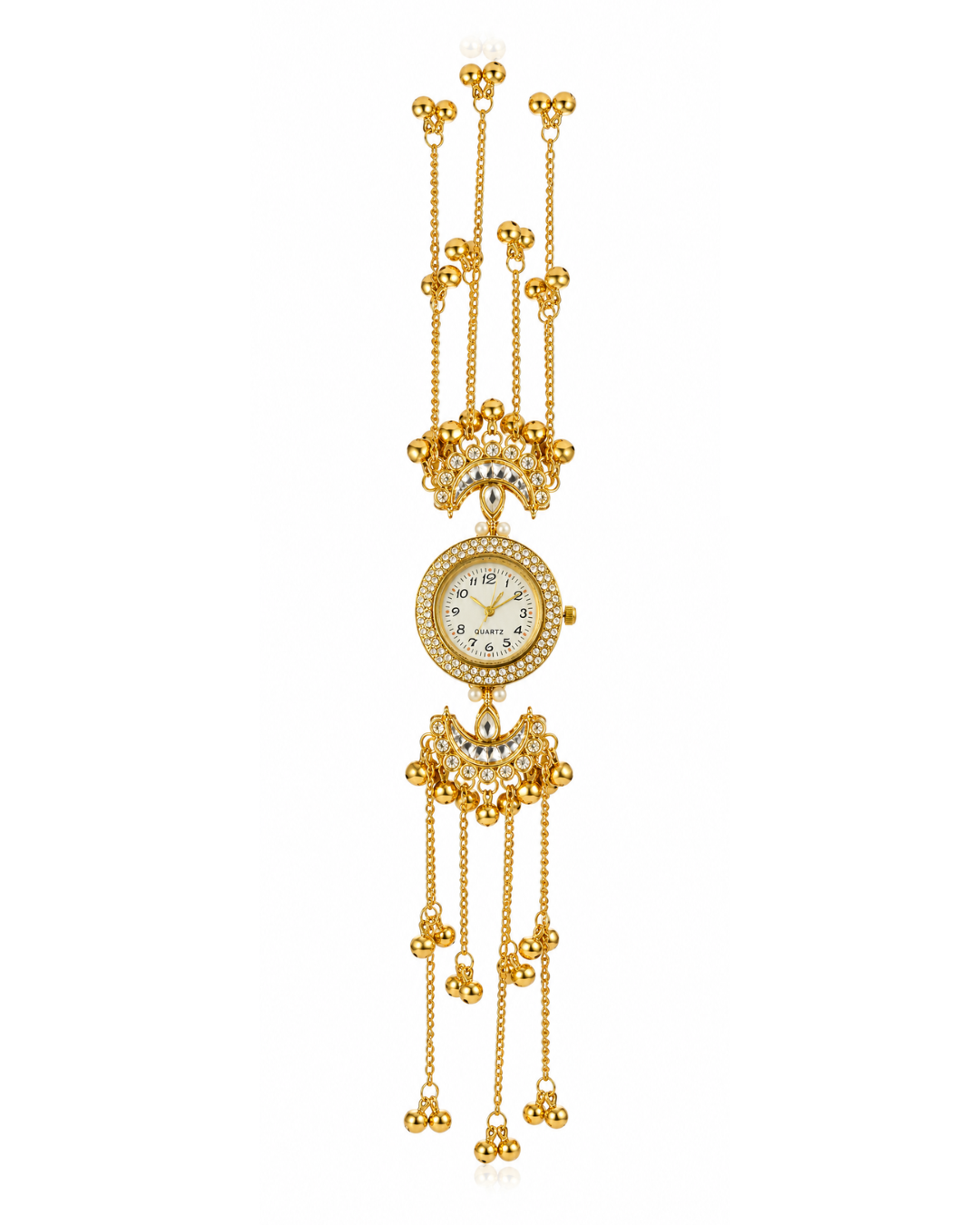 Kashimiri Ghunroo Watch for Women, Gold Bracelet Watch, Crystal Quartz Analog Wrist Watch with Pearl & Traditional Ghunroo Charms, Party & Wedding Gift
