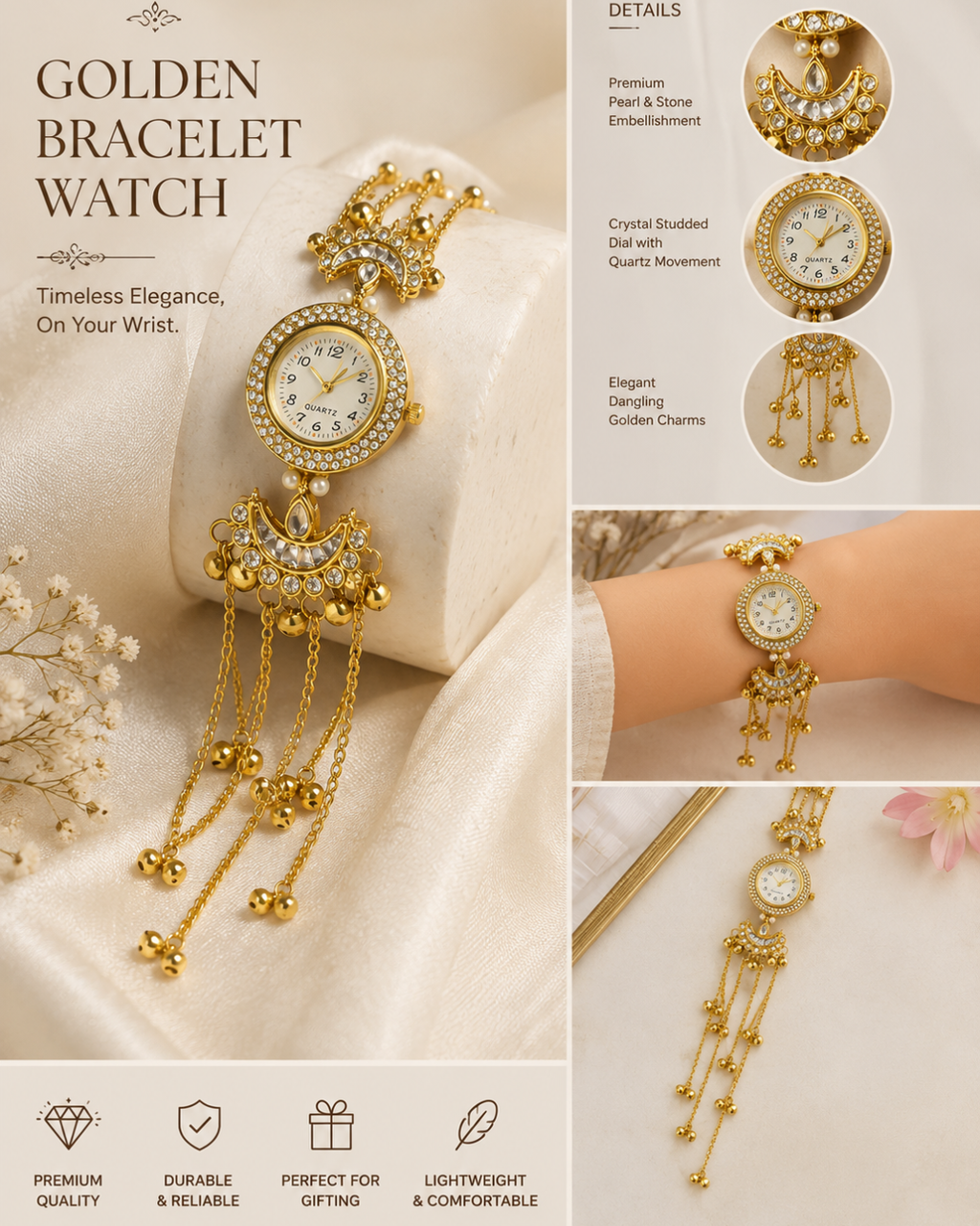 Kashimiri Ghunroo Watch for Women, Gold Bracelet Watch, Crystal Quartz Analog Wrist Watch with Pearl & Traditional Ghunroo Charms, Party & Wedding Gift
