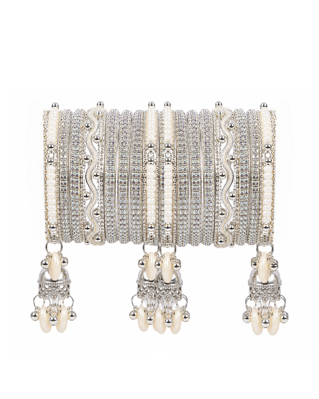 Kashmiri Ghungroo Bangle Set for Women | 4 Dangling Ghungroo Bangles | Silver Plated Traditional Bangles with Pearl & Stone Work | Bridal, Wedding, Festive & Party Jewellery