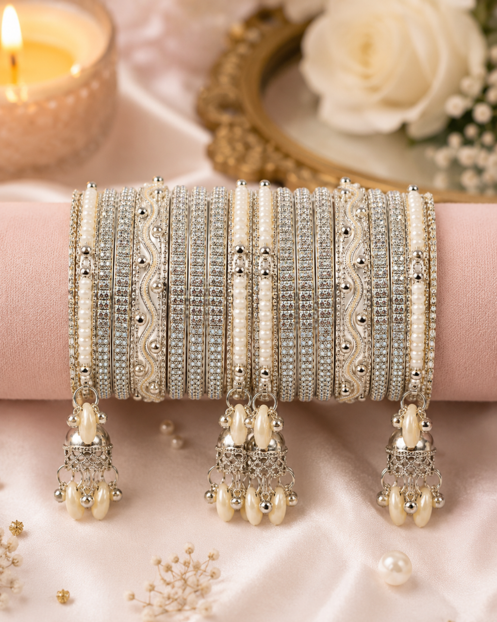 Kashmiri Ghungroo Bangle Set for Women | 4 Dangling Ghungroo Bangles | Silver Plated Traditional Bangles with Pearl & Stone Work | Bridal, Wedding, Festive & Party Jewellery