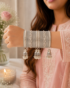 Kashmiri Ghungroo Bangle Set for Women | 4 Dangling Ghungroo Bangles | Silver Plated Traditional Bangles with Pearl & Stone Work | Bridal, Wedding, Festive & Party Jewellery