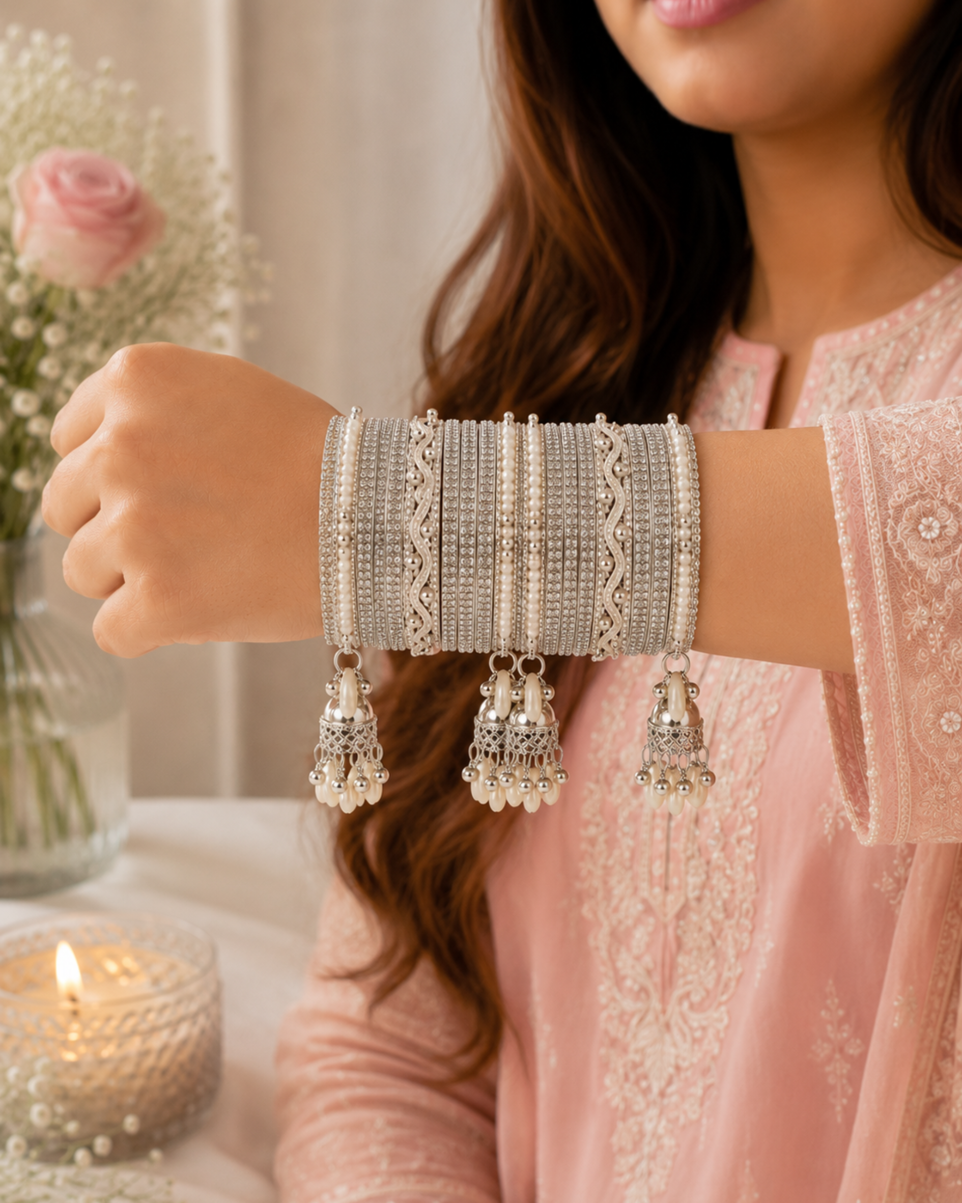 Kashmiri Ghungroo Bangle Set for Women | 4 Dangling Ghungroo Bangles | Silver Plated Traditional Bangles with Pearl & Stone Work | Bridal, Wedding, Festive & Party Jewellery
