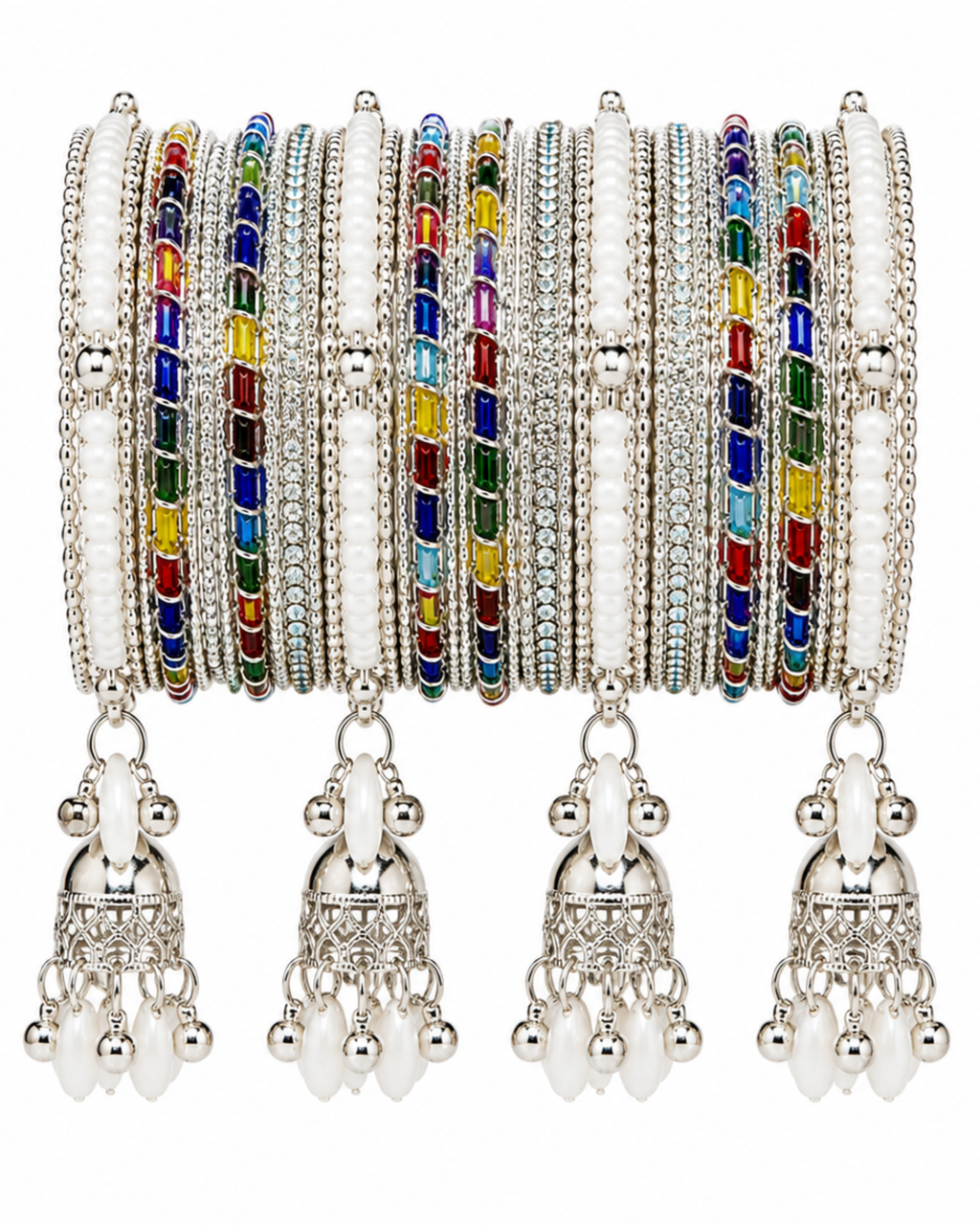 Kashmiri Ghungroo Bangle Set for Women | 4 Dangling Ghungroo Bangles | Silver Plated Multicolour Stone & Pearl Traditional Bangles | Bridal, Wedding, Festive & Party Jewellery
