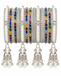 Kashmiri Ghungroo Bangle Set for Women | 4 Dangling Ghungroo Bangles | Silver Plated Multicolour Stone & Pearl Traditional Bangles | Bridal, Wedding, Festive & Party Jewellery