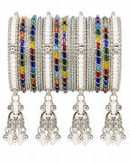 Kashmiri Ghungroo Bangle Set for Women | 4 Dangling Ghungroo Bangles | Silver Plated Multicolour Stone & Pearl Traditional Bangles | Bridal, Wedding, Festive & Party Jewellery
