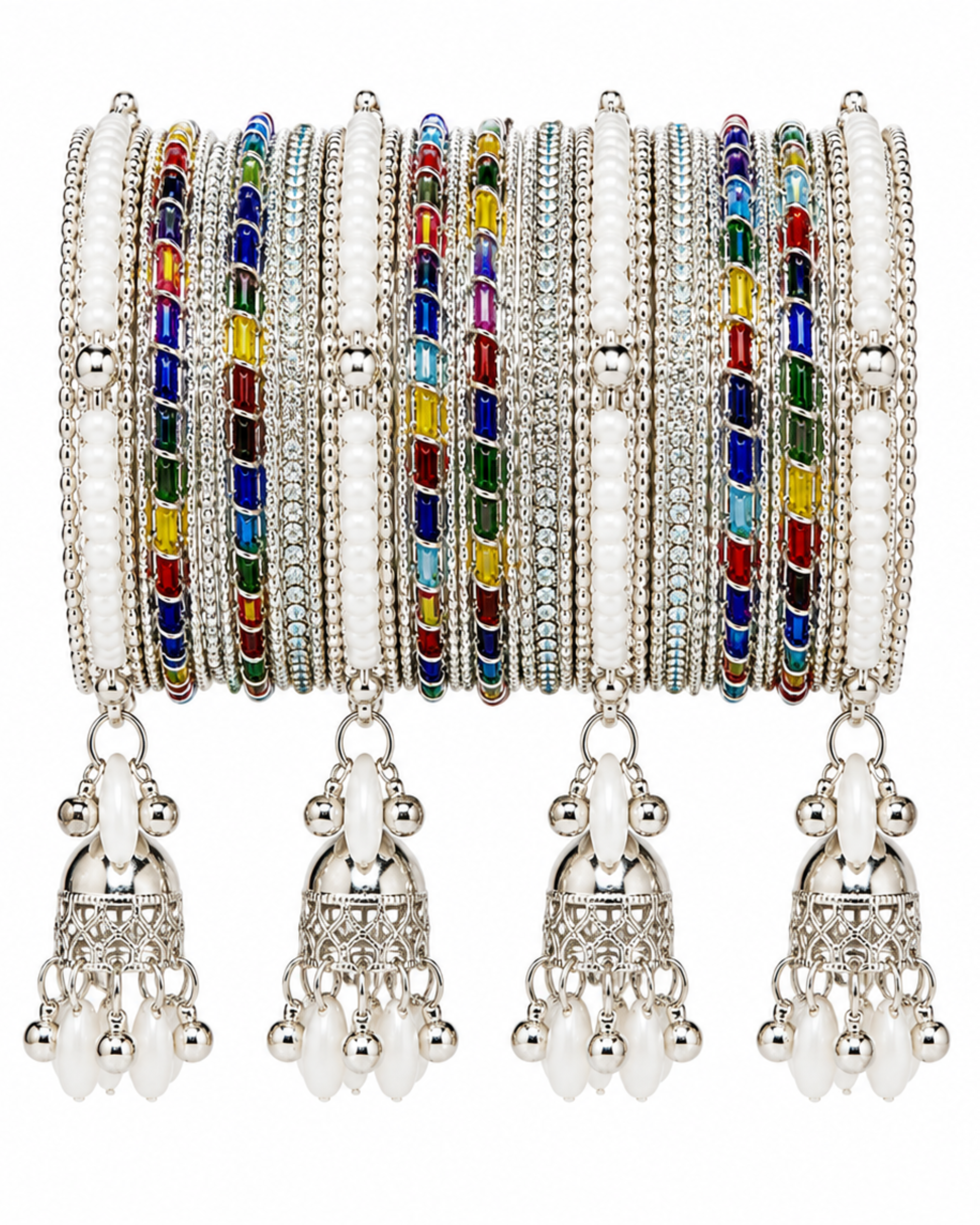 Kashmiri Ghungroo Bangle Set for Women | 4 Dangling Ghungroo Bangles | Silver Plated Multicolour Stone & Pearl Traditional Bangles | Bridal, Wedding, Festive & Party Jewellery