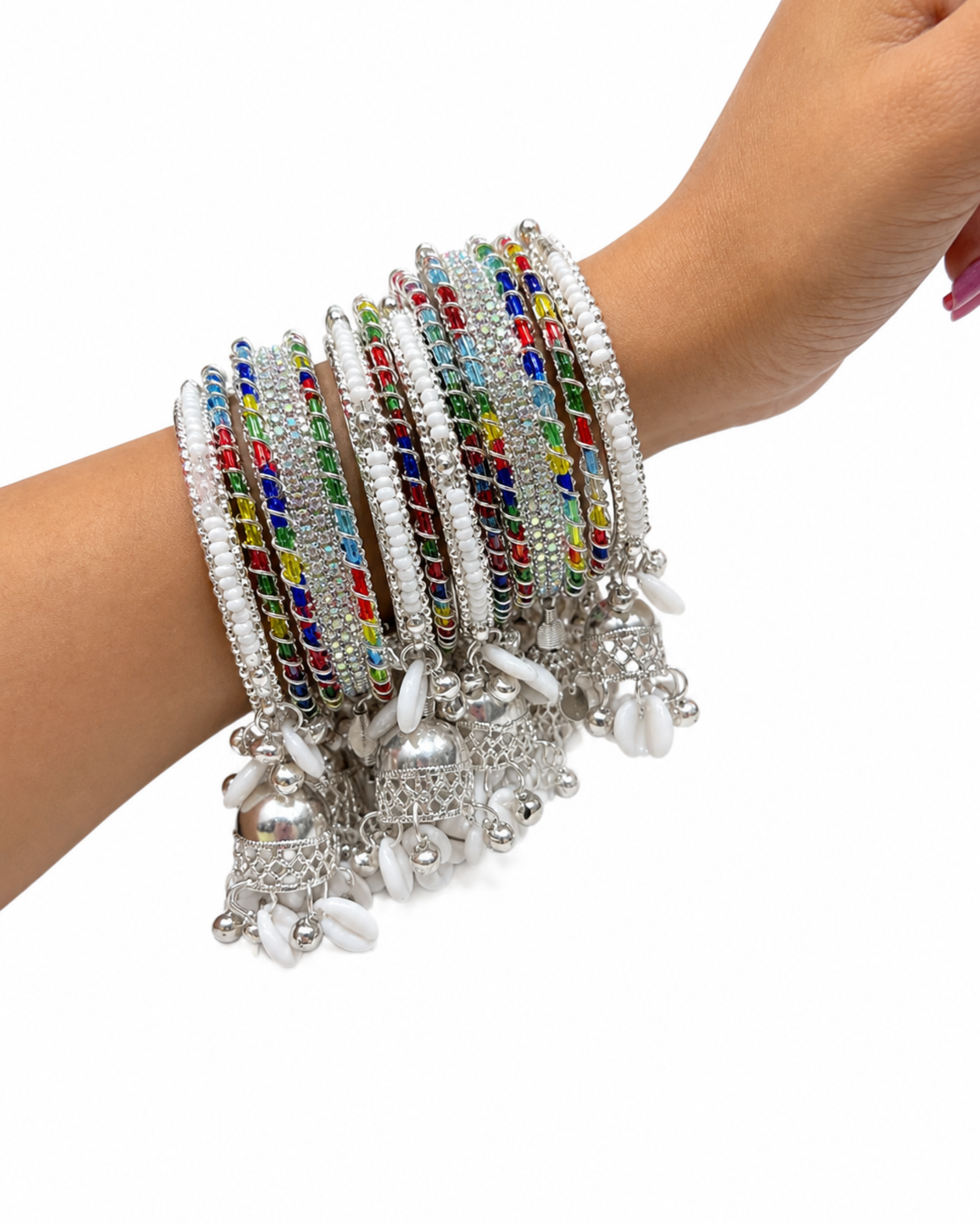 Kashmiri Ghungroo Bangle Set for Women | 4 Dangling Ghungroo Bangles | Silver Plated Multicolour Stone & Pearl Traditional Bangles | Bridal, Wedding, Festive & Party Jewellery